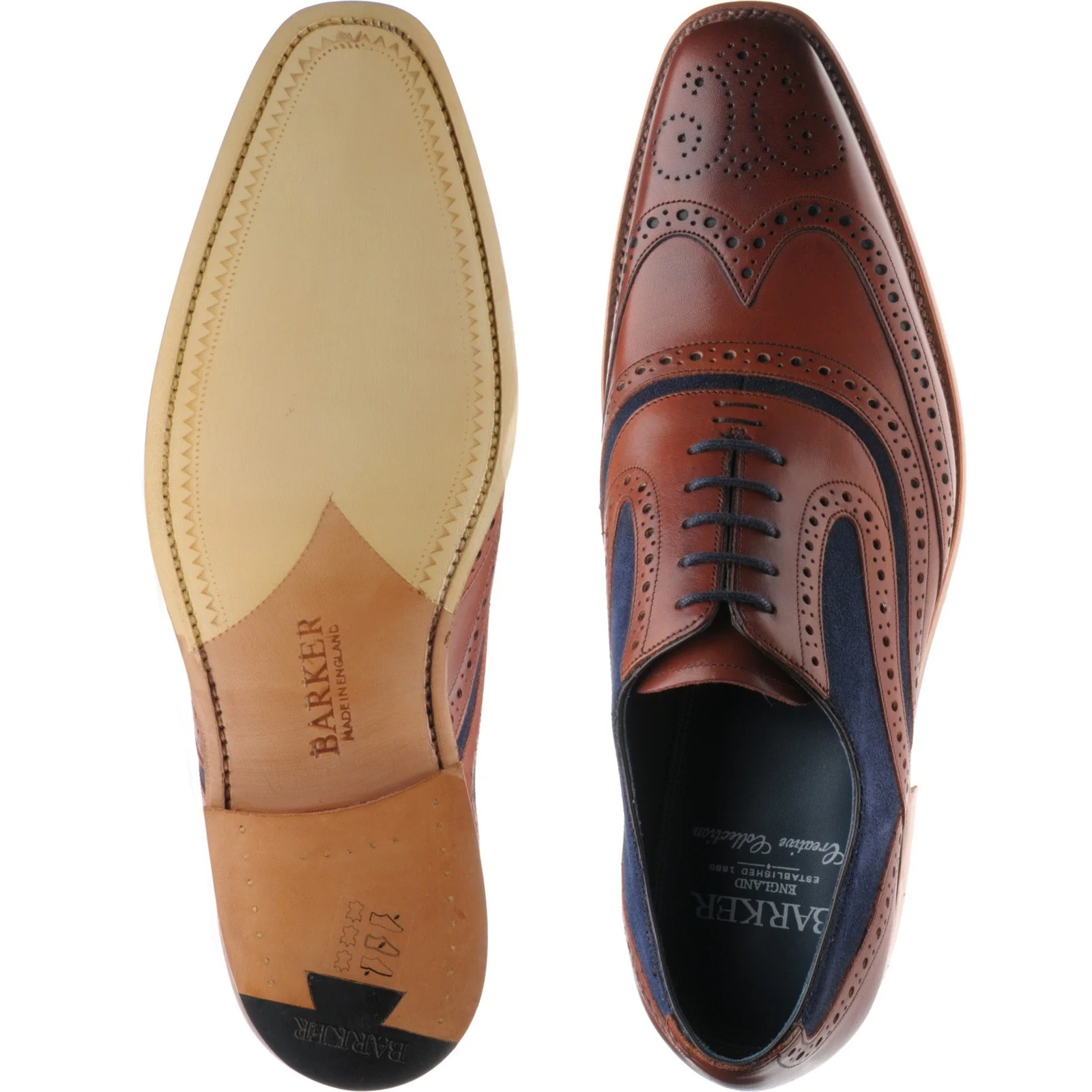 Barker McClean mens brogues in rosewood calf and navy suede - Image 3