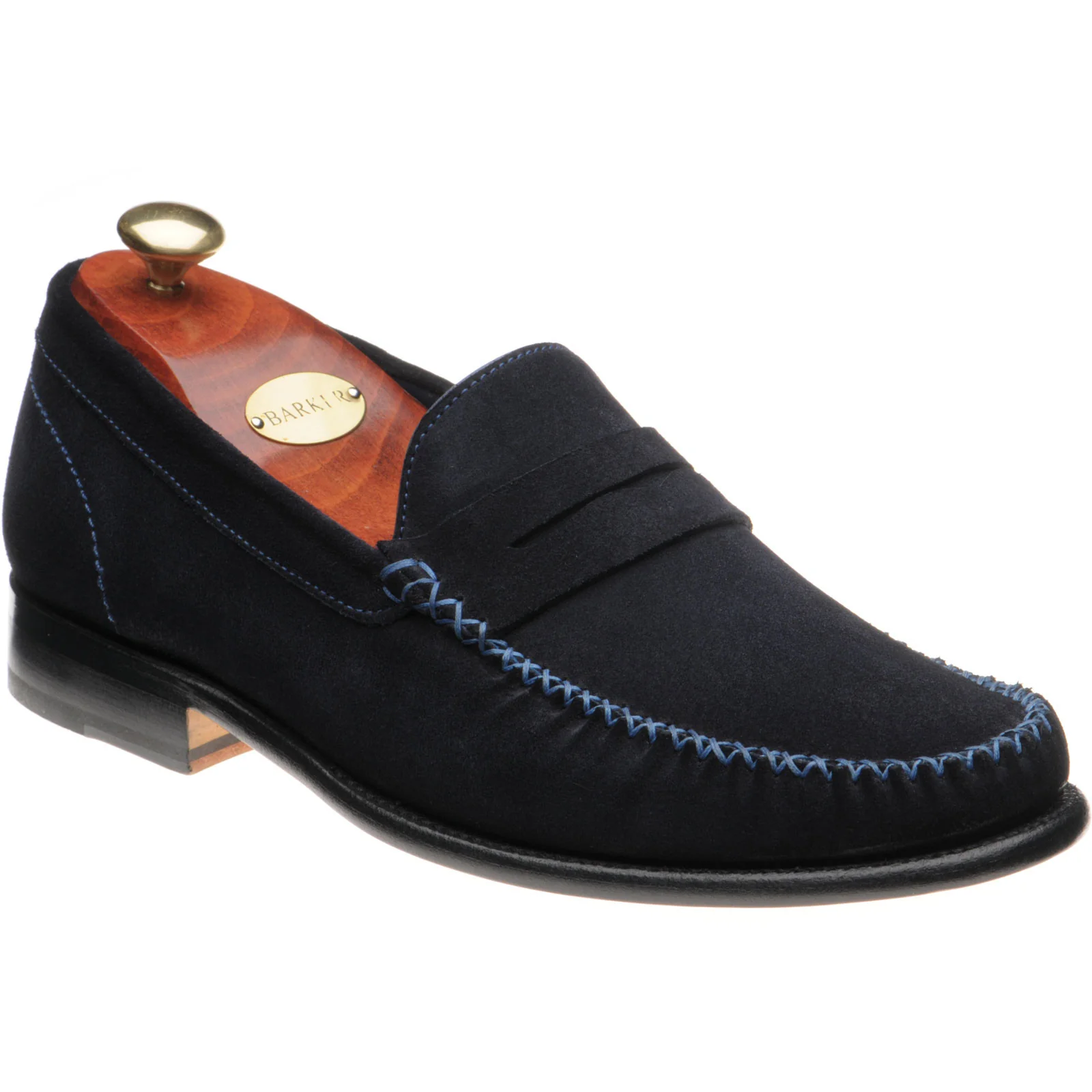 Barker William mens loafers in dark navy suede blue stitch