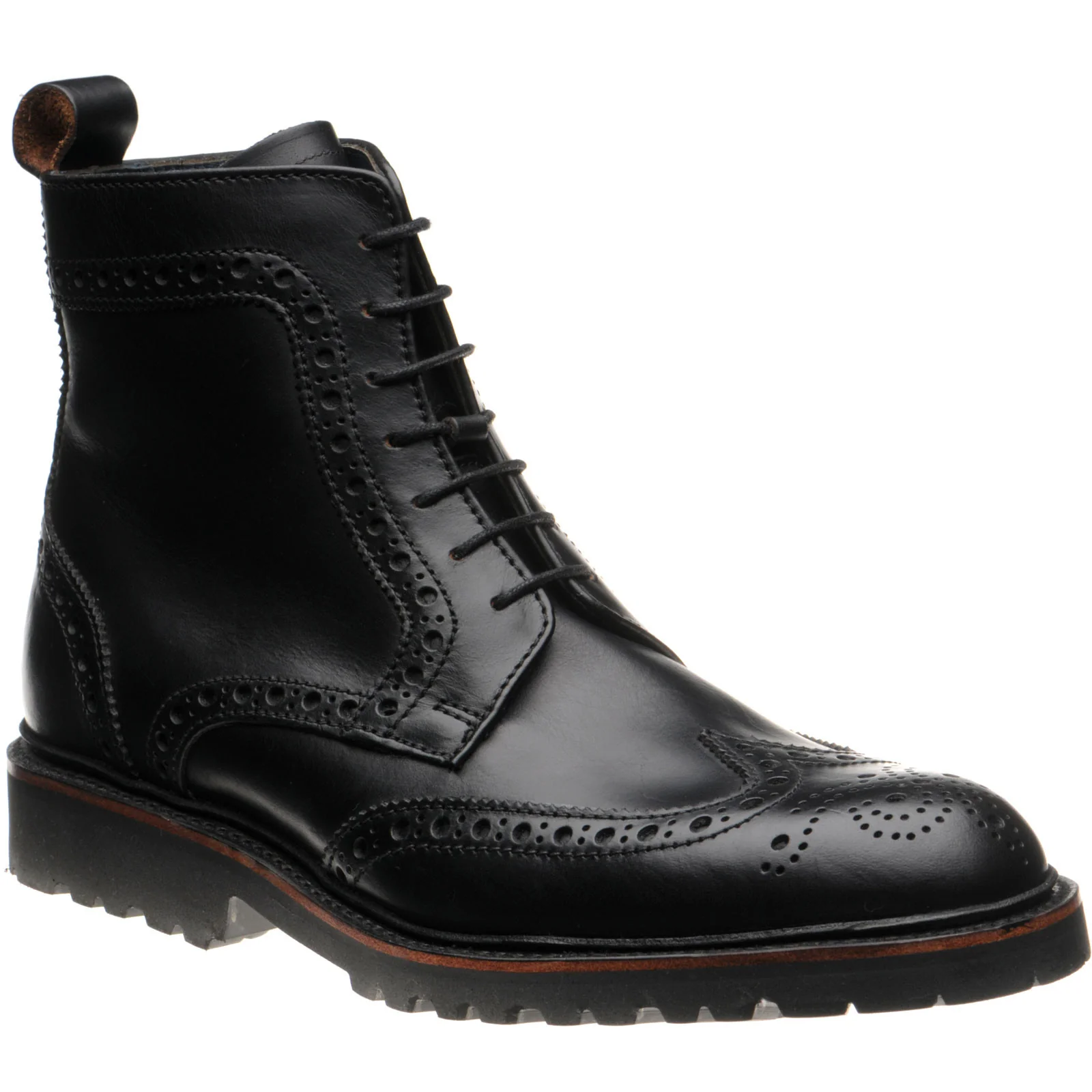 Barker Woodbury mens rubber-soled brogue boots in black waxy calf