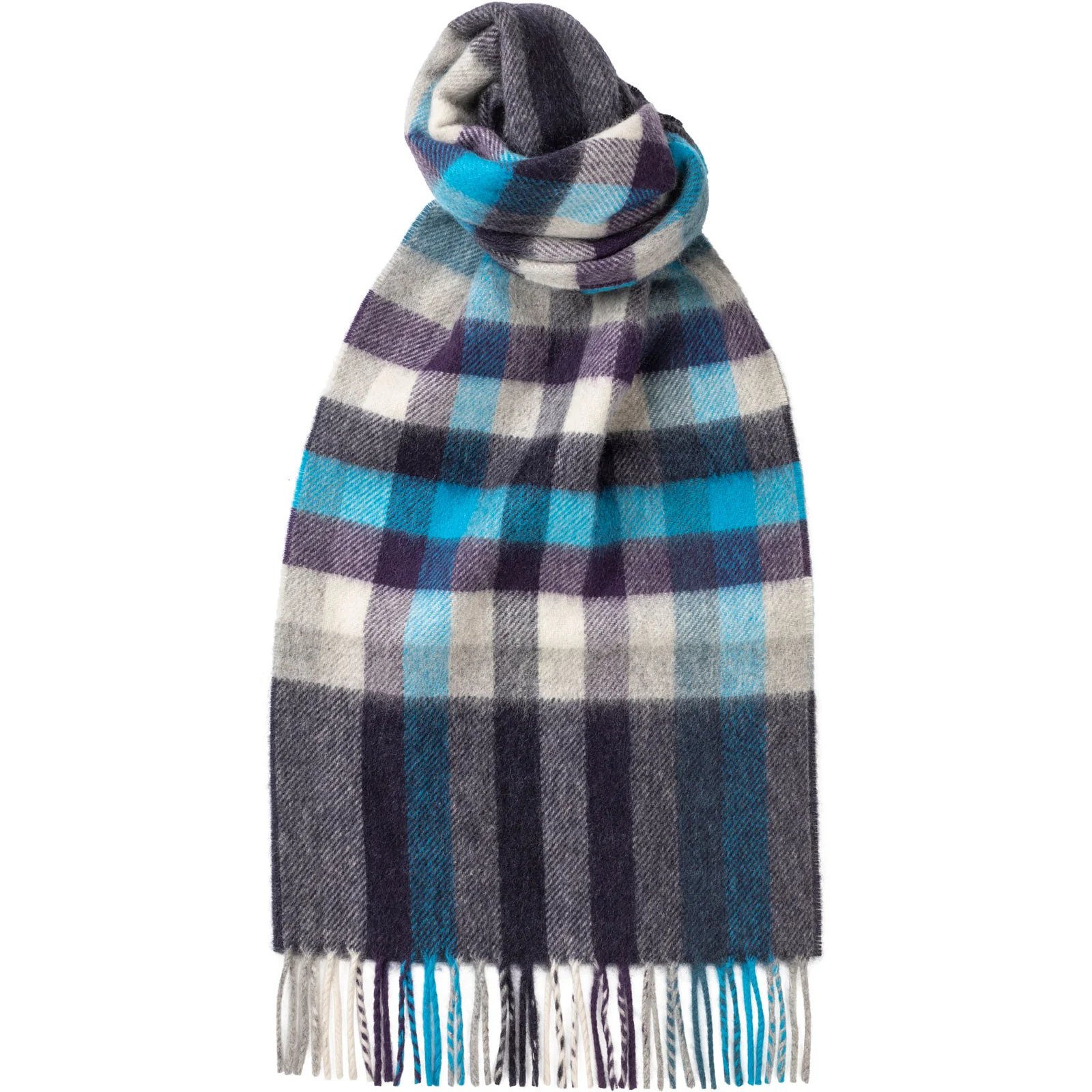 Herring Blue Block Check Cashmere Scarf in denim