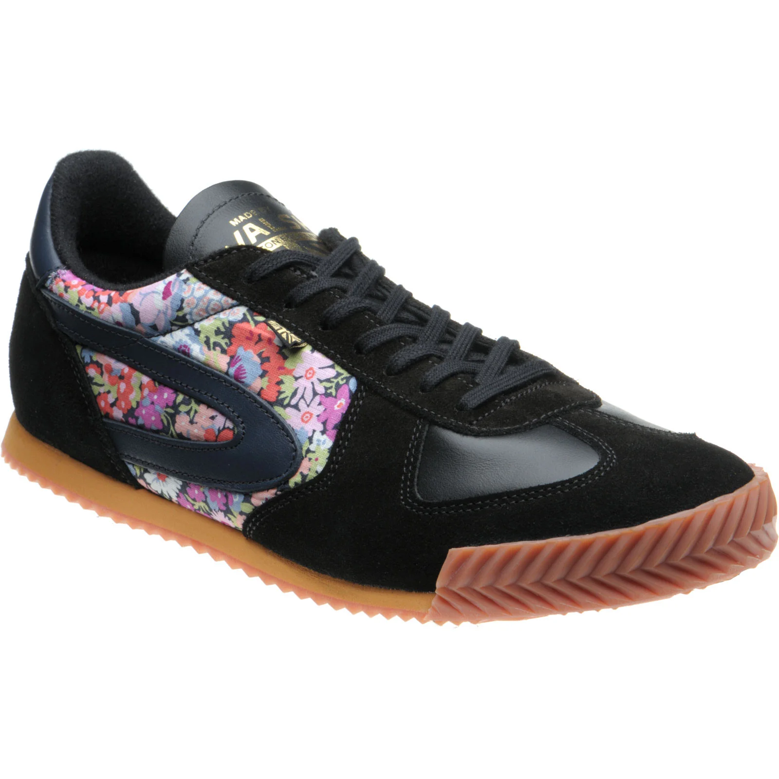 Herring Tokyo Trainer mens rubber-soled trainers in black calf and printed linen