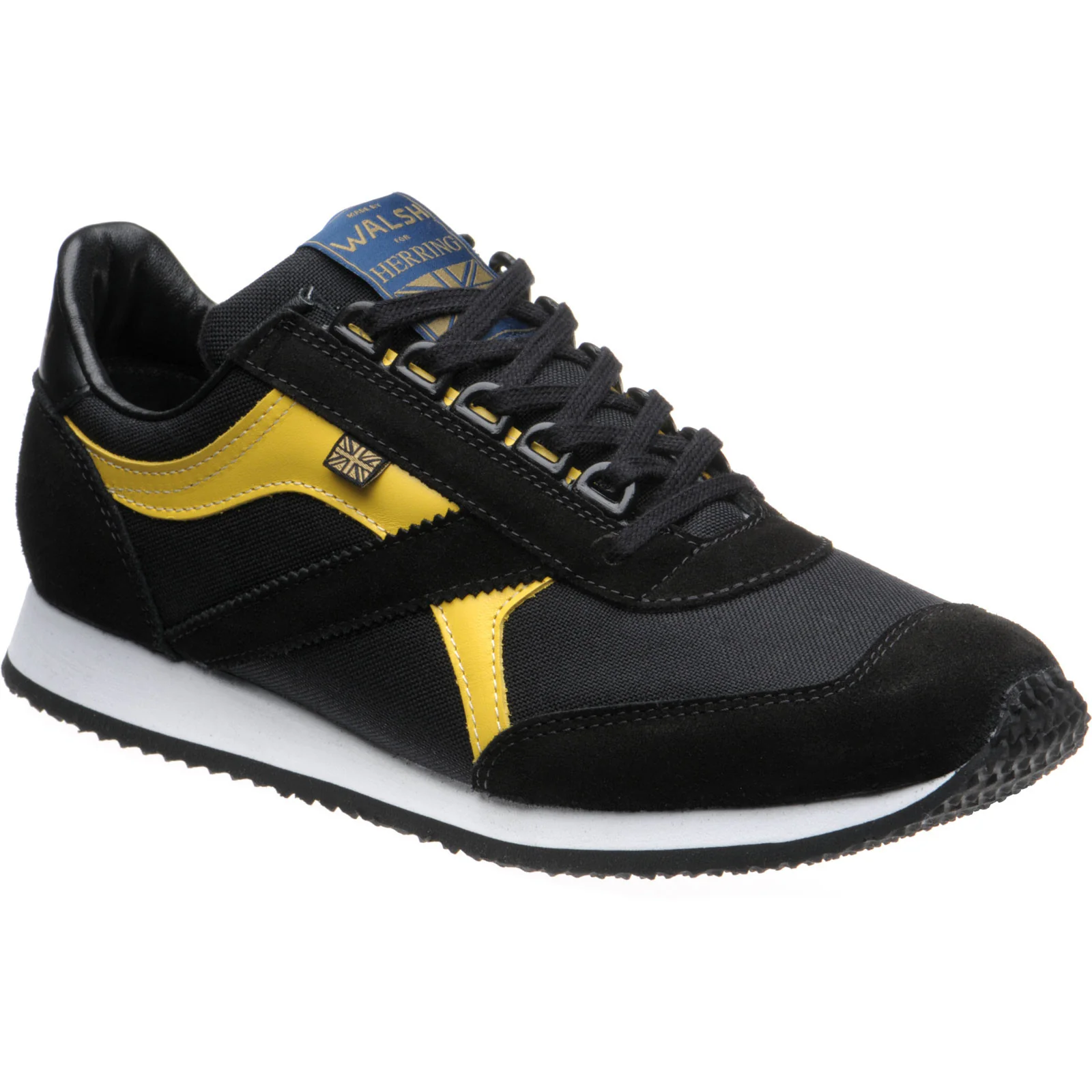Herring Voyager Trainer in black mesh and black suede and yellow calf