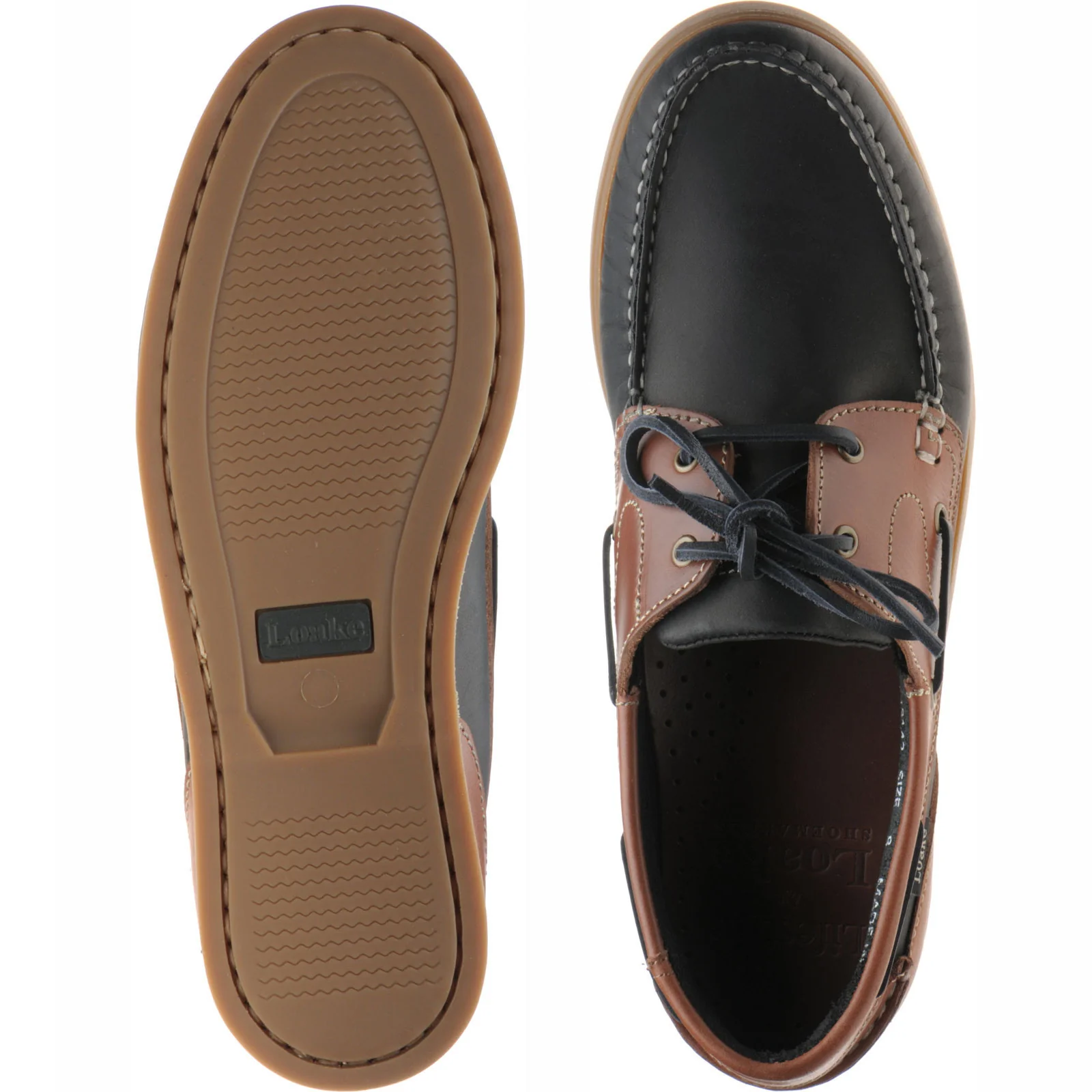 Loake Lymington mens rubber-soled deck shoes in navy nubuck and brown waxy - Image 3