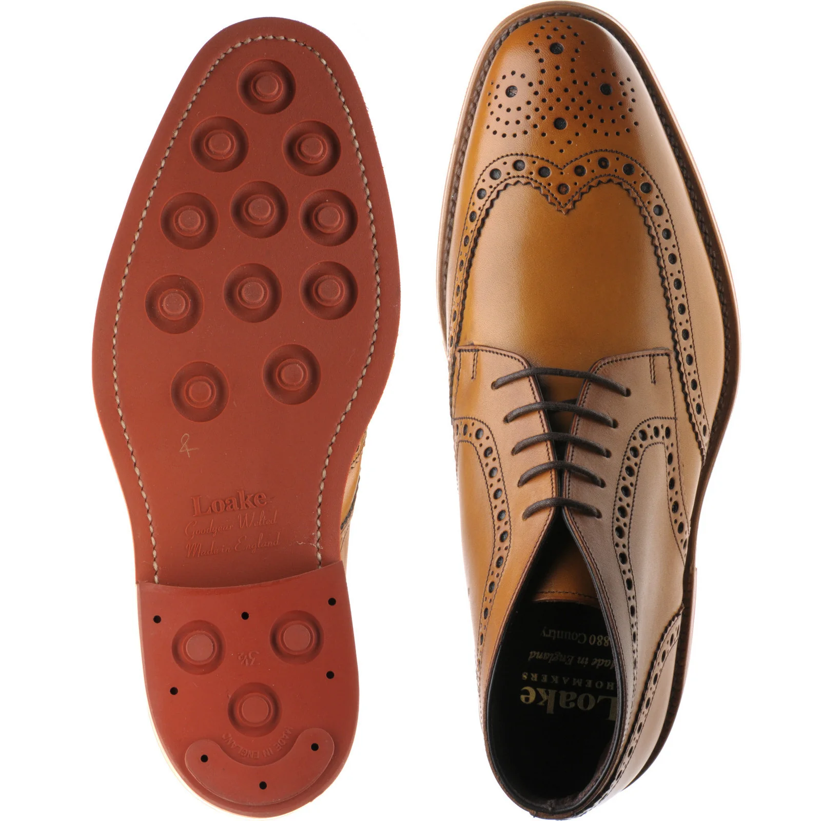 Loake Reading mens rubber-soled brogue boots in cognac calf (second) - Image 3