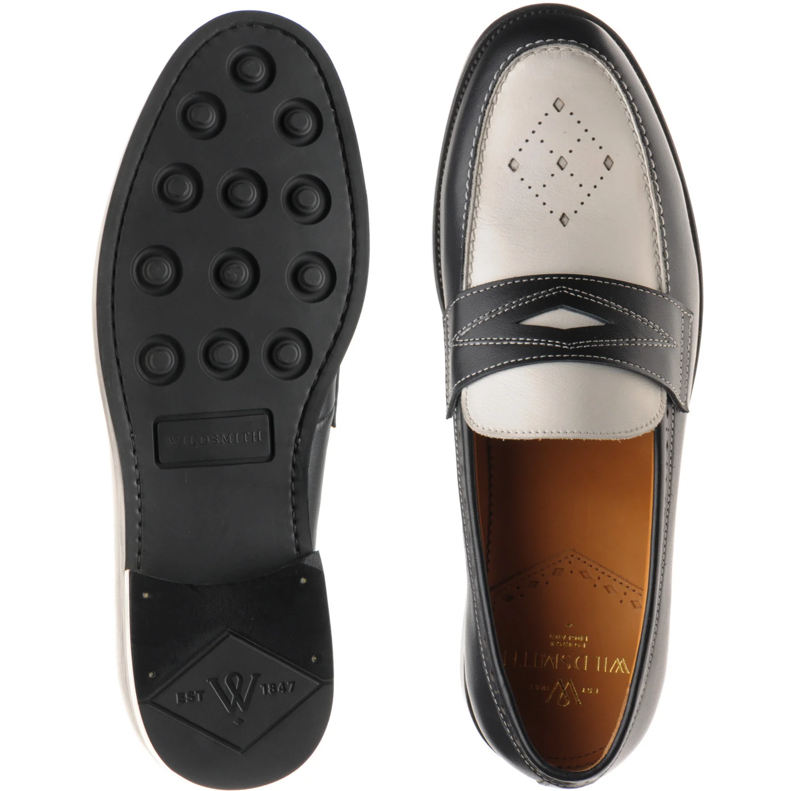 Wildsmith Model 110 mens two-tone rubber-soled loafers in black and off white calf - Image 3