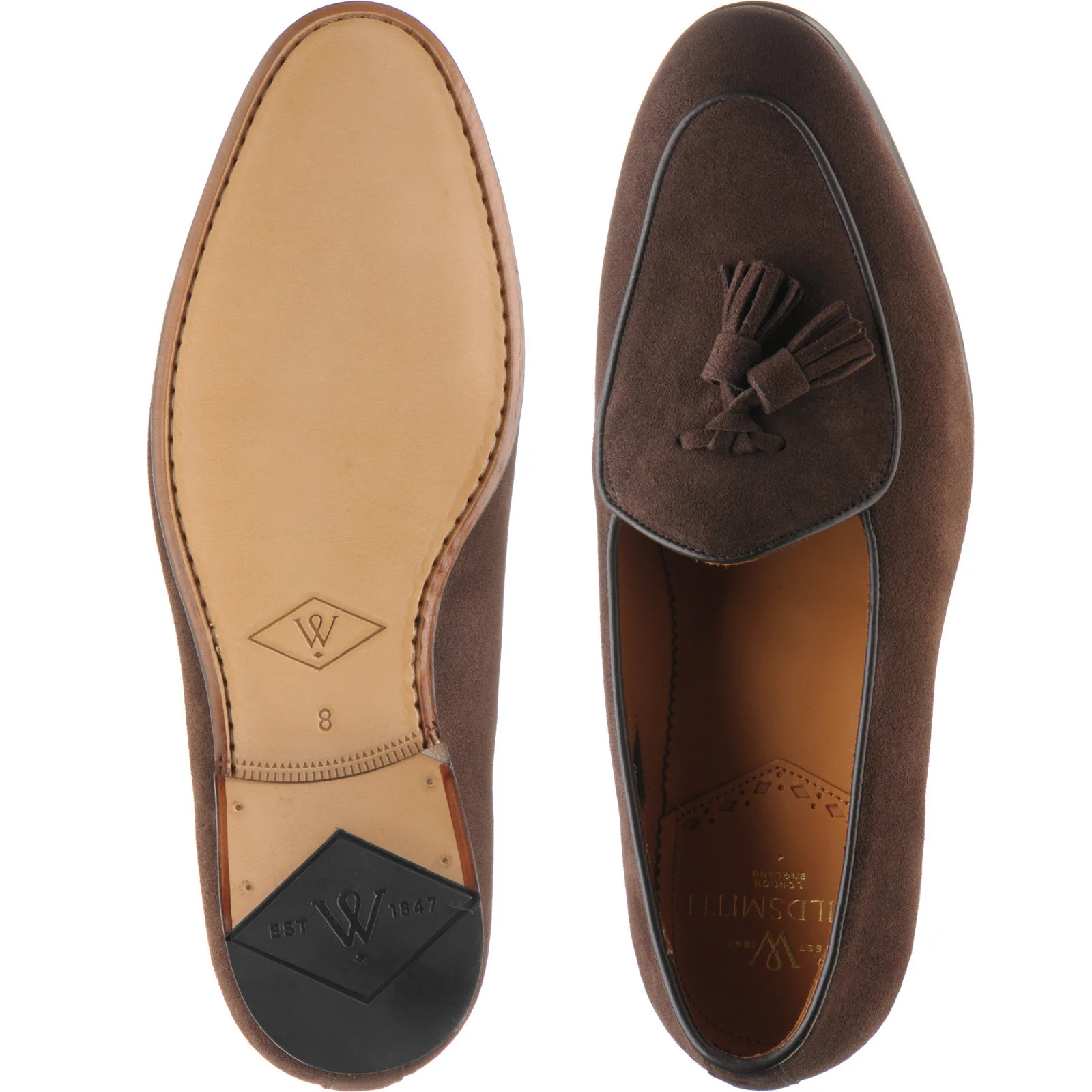 Wildsmith Model 88 mens tasselled loafers in dark brown suede - Image 3