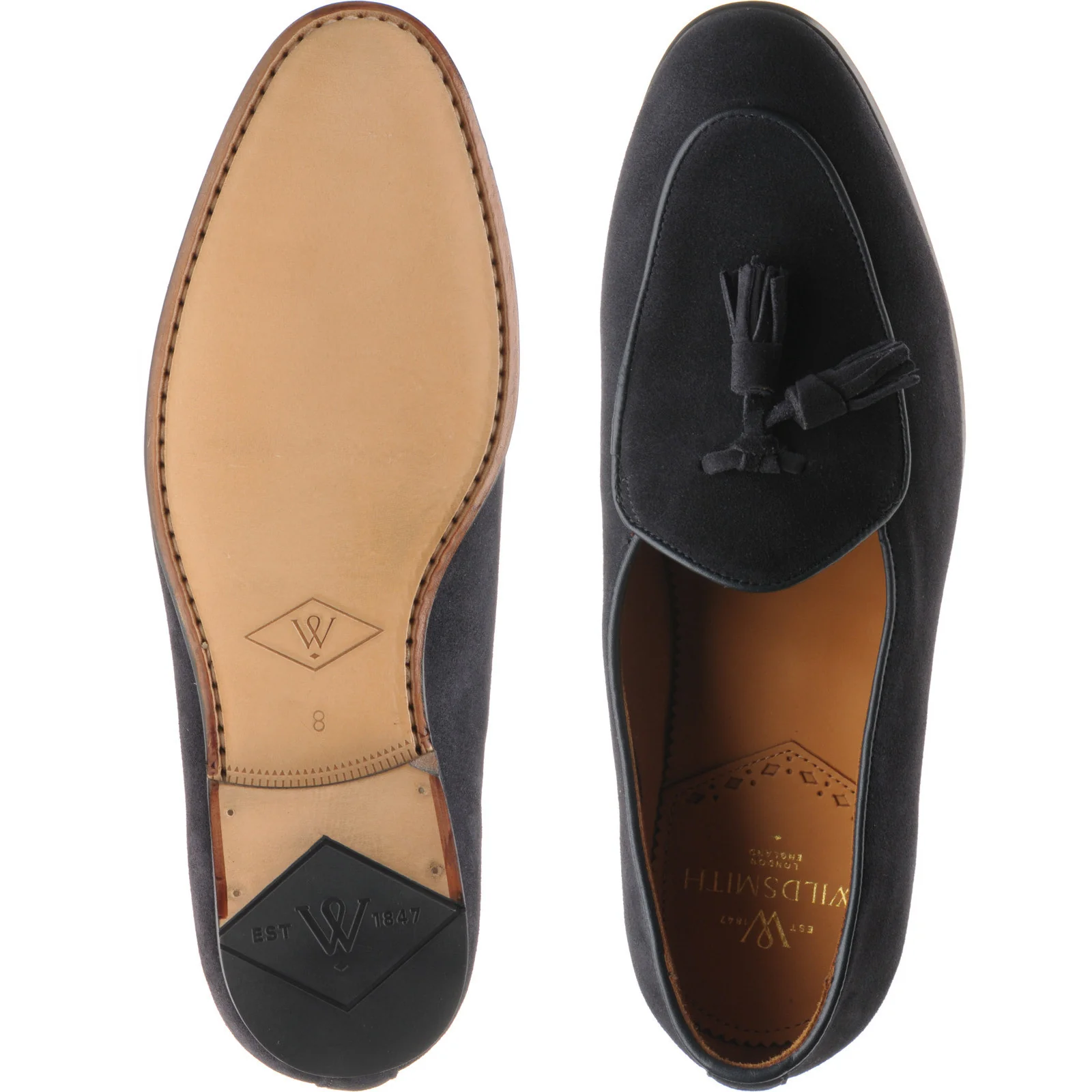 Wildsmith Model 88 mens tasselled loafers in navy suede - Image 3