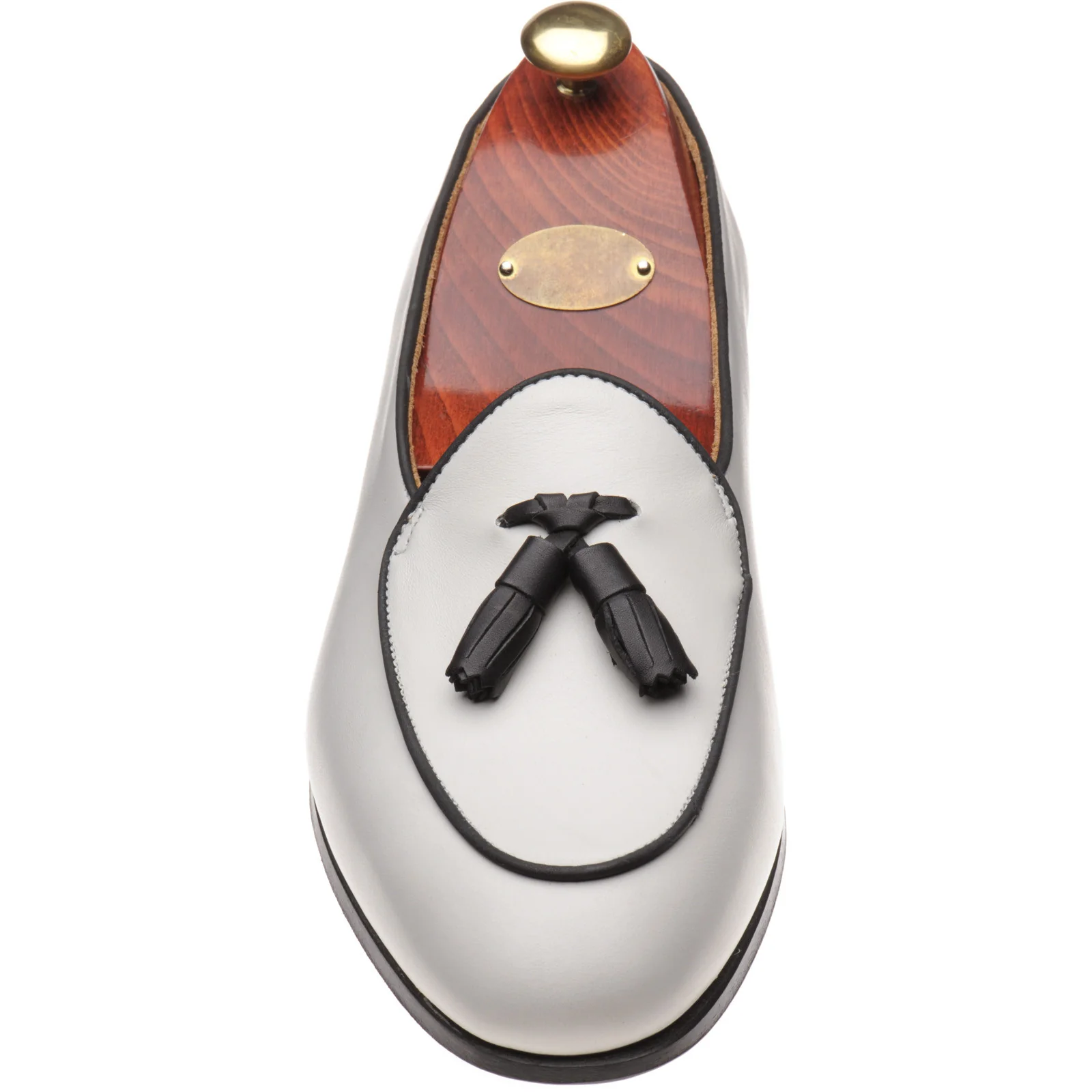 Wildsmith Model 88 mens tasselled loafers in off white and black calf - Image 2