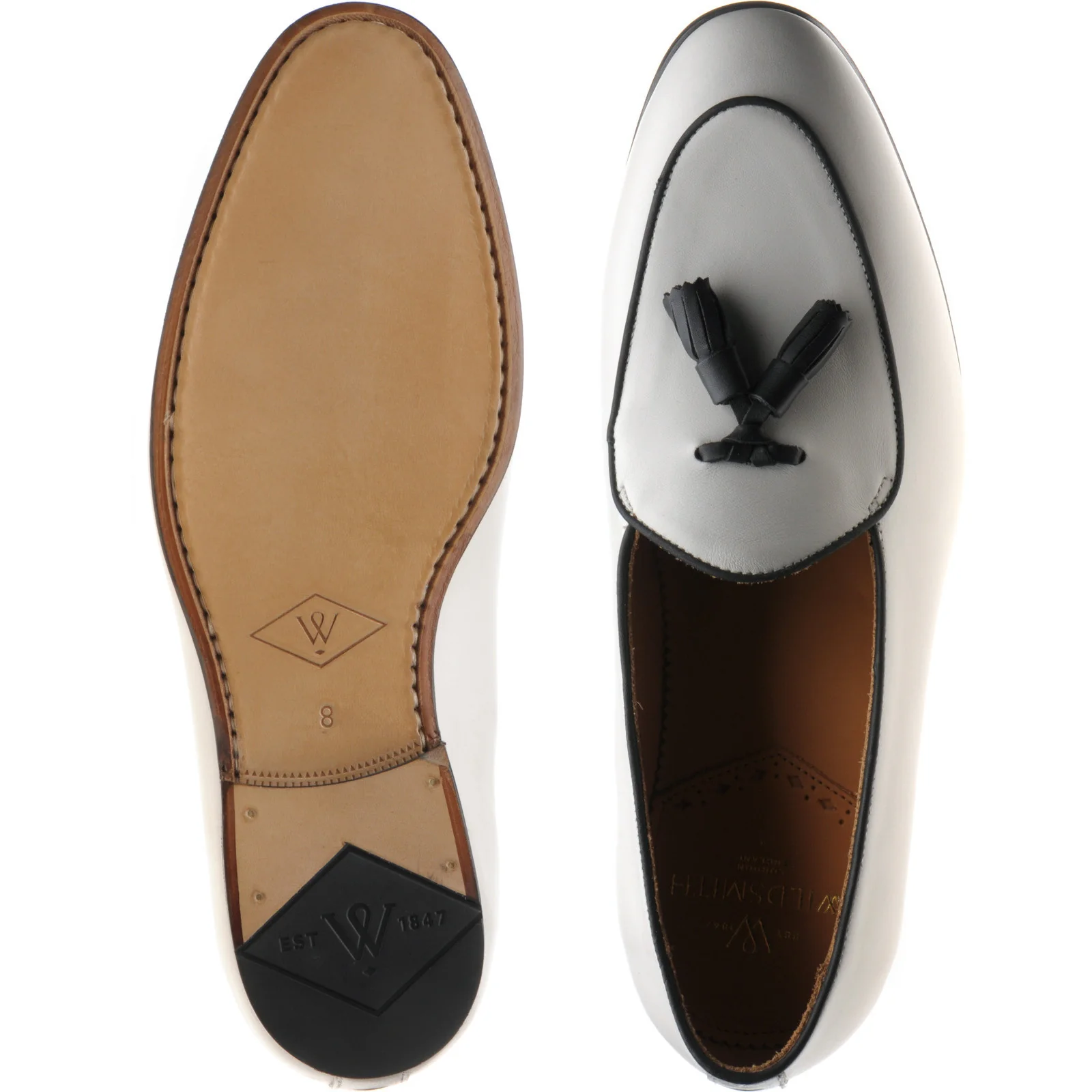 Wildsmith Model 88 mens tasselled loafers in off white and black calf - Image 3