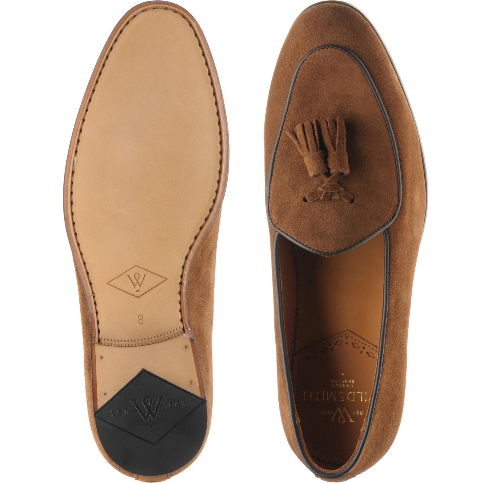 Wildsmith Model 88 mens tasselled loafers in tobacco suede - Image 3